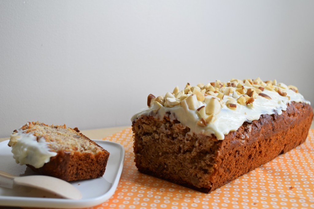 Banana bread peanut butter creamcheese topping nuts