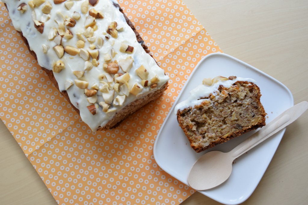 Banana bread peanut butter creamcheese topping nuts top