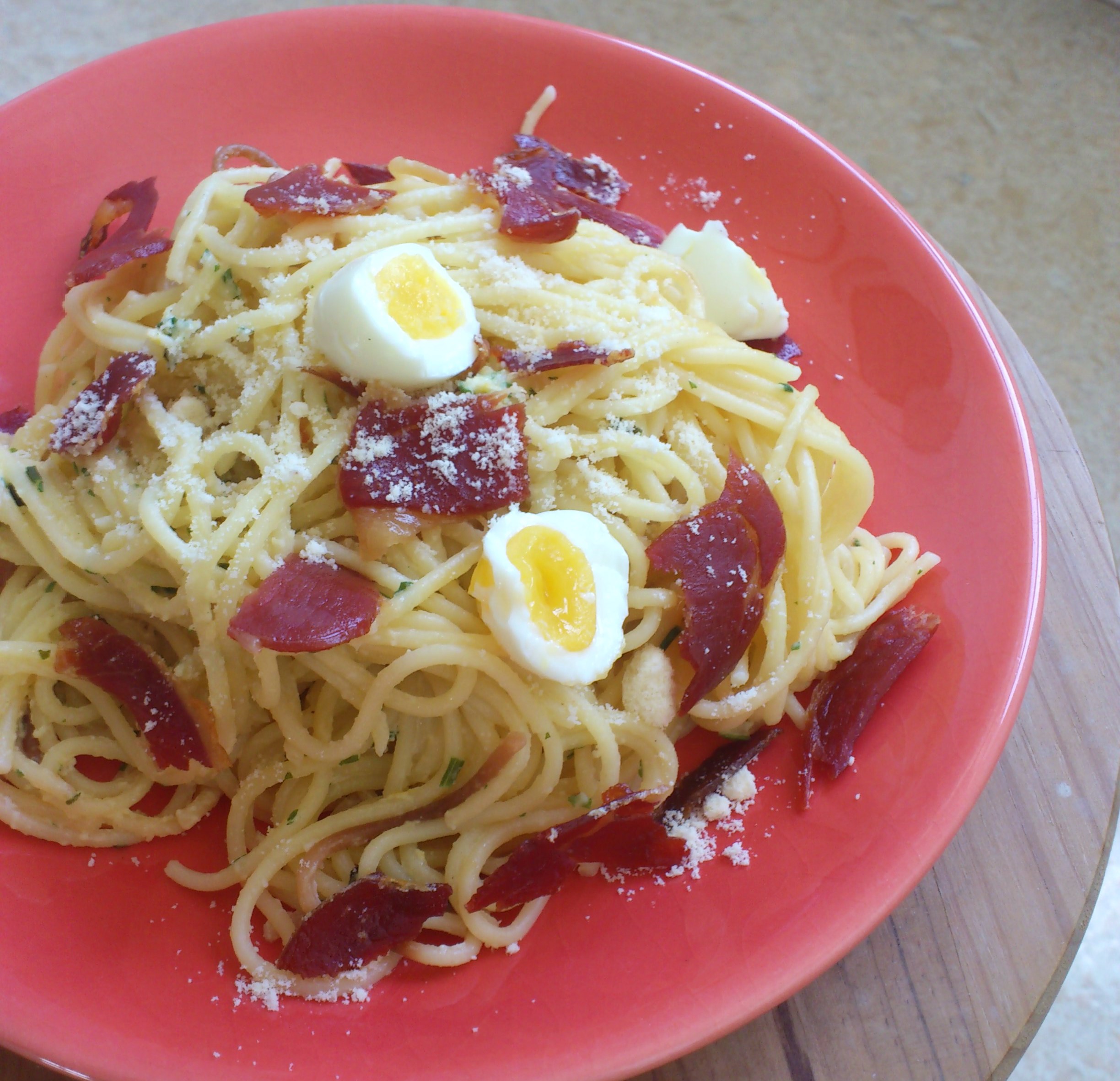 Spring carbonara Jamie Oliver oeuf caille jambon