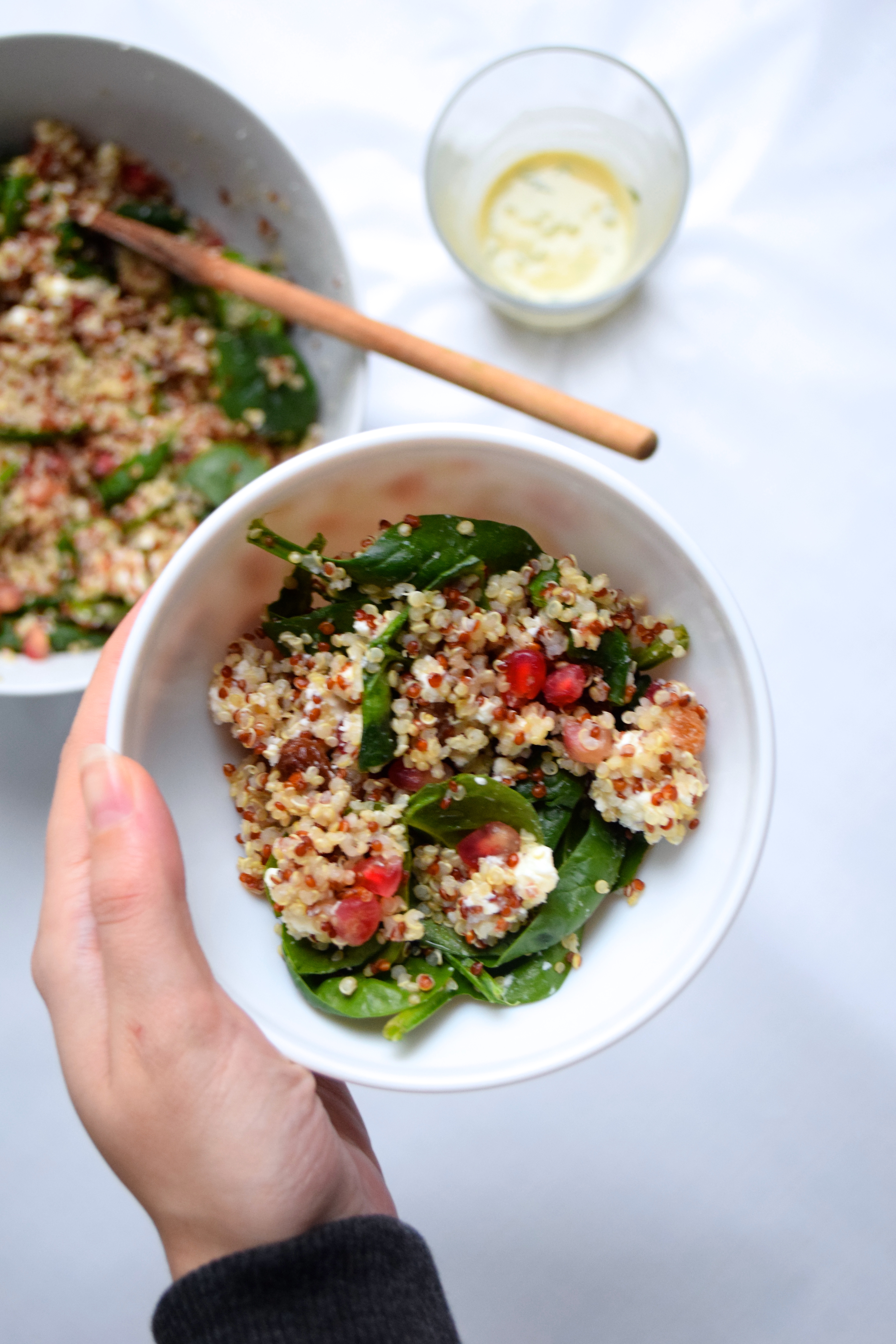 Salade de quinoa aux pousses d’épinard, grenade, feta, raisins