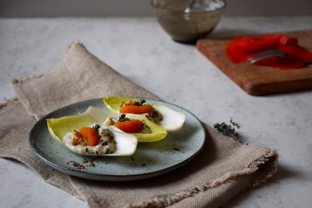 chicory salad with gorgonzola cream dried apricots walnuts thyme top