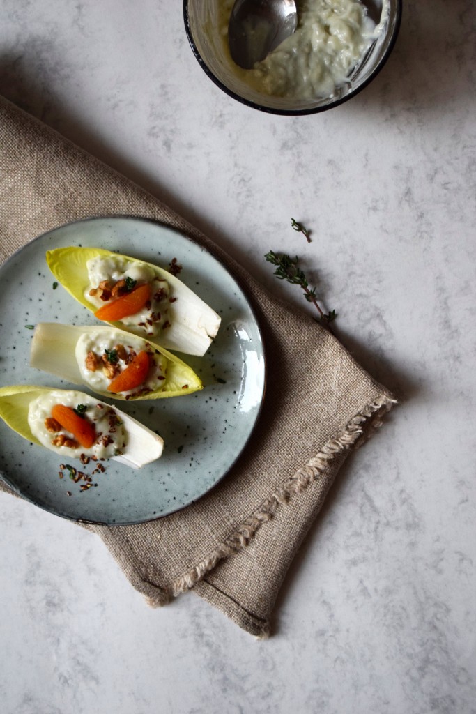 chicory salad with gorgonzola cream dried apricots walnuts thyme top
