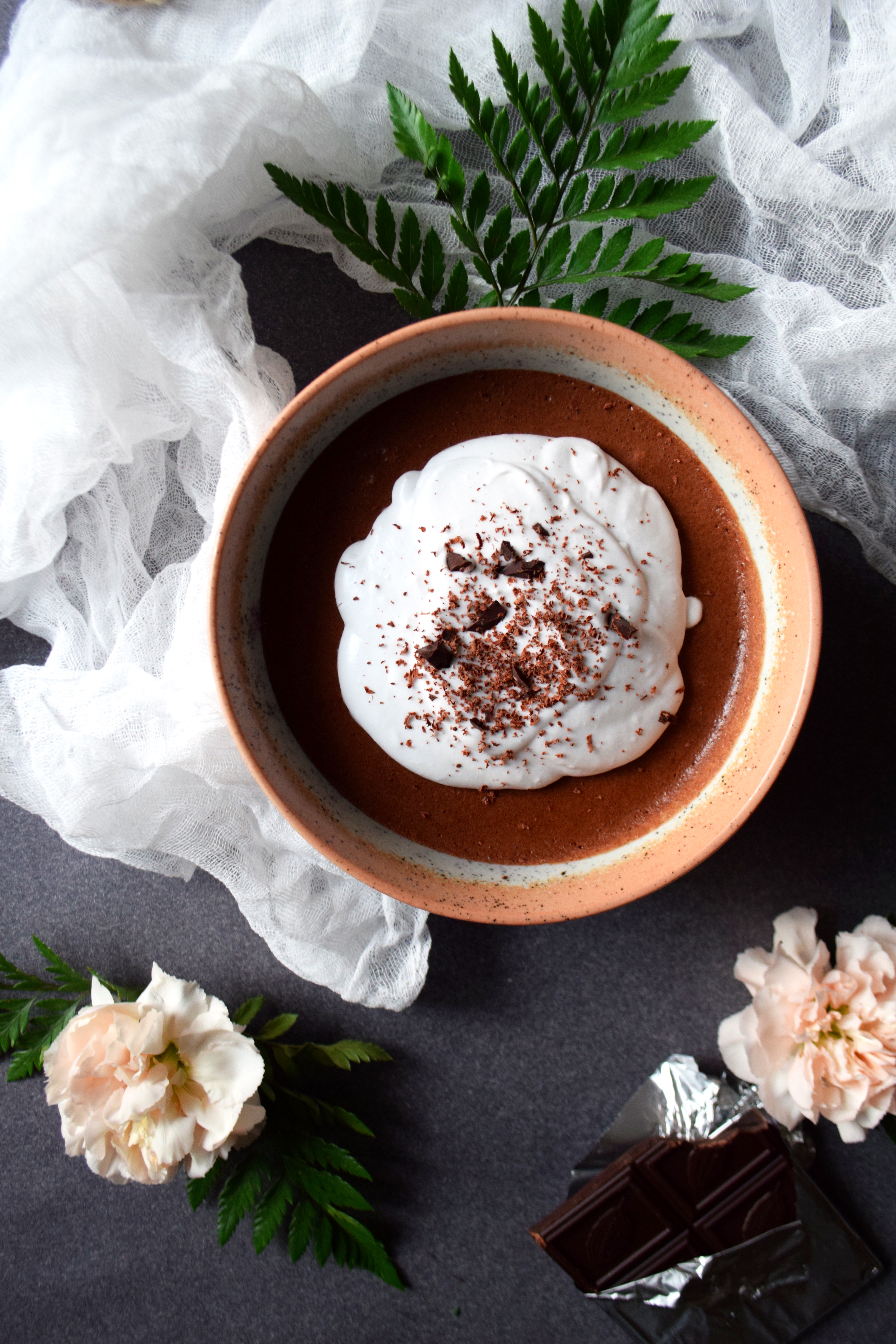 Raw chocolate lavender mousse coconut whipped cream