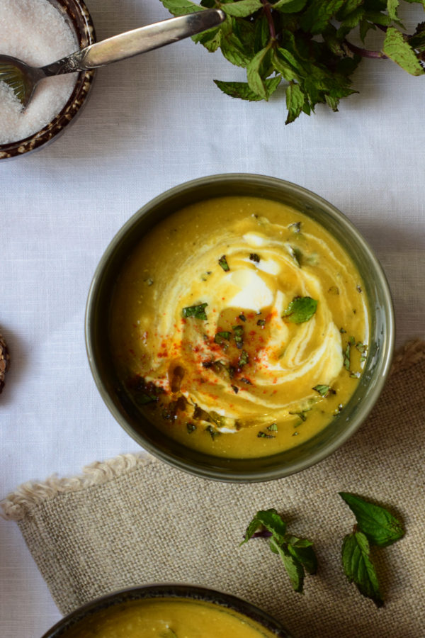 Red lentil soup with mint & sheep yogurt