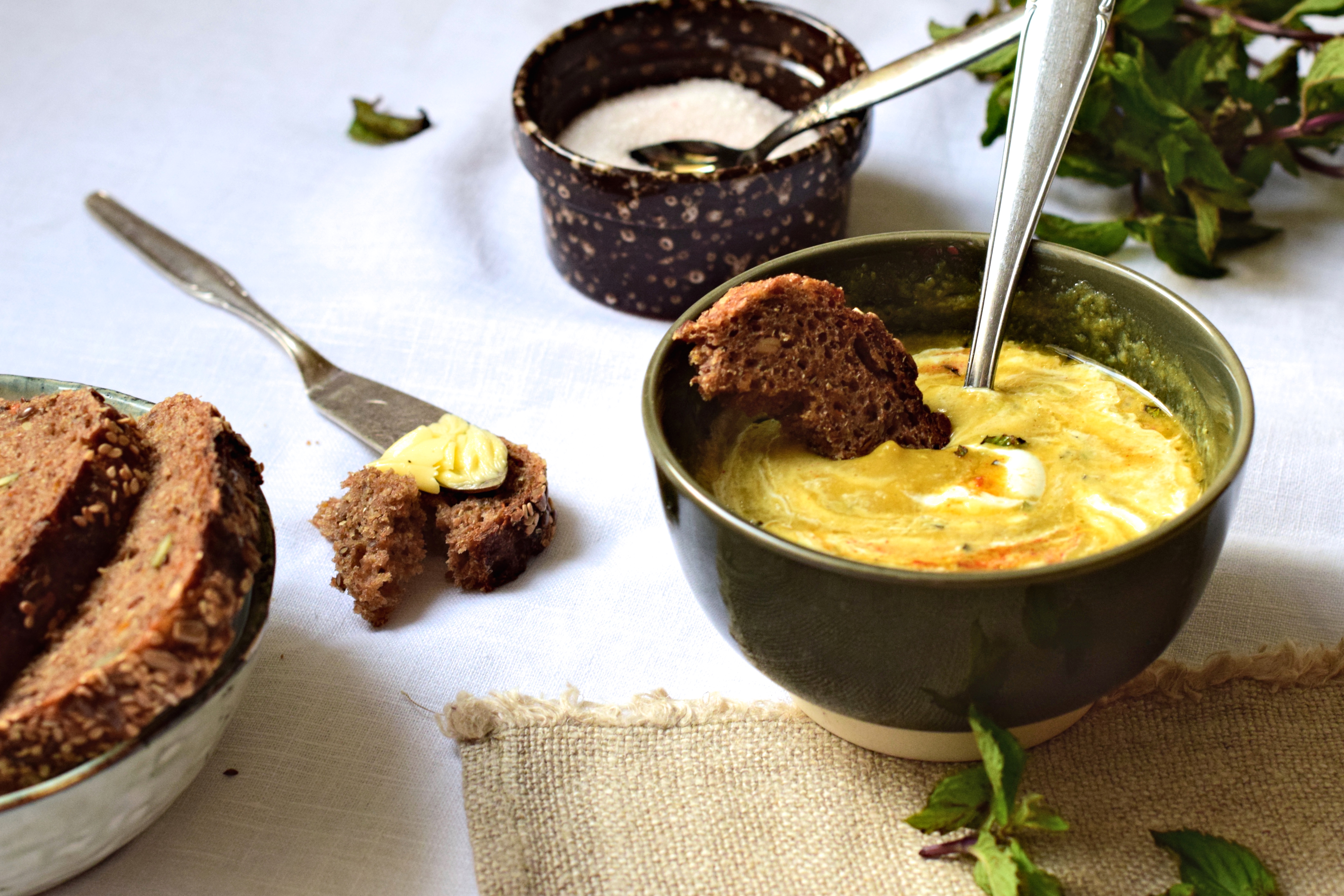 Red lentil soup with mint & sheep yogurt