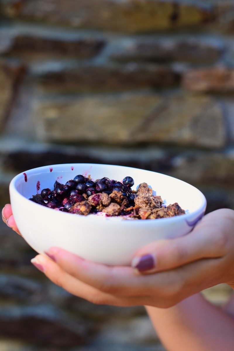 Wild blueberries breakfast bowl, cacao crumble