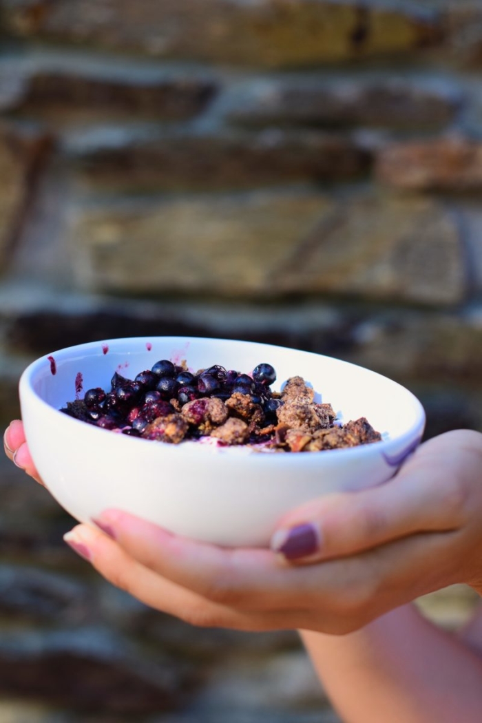 Bol du petit-déjeuner aux myrtilles sauvages, crumble au cacao