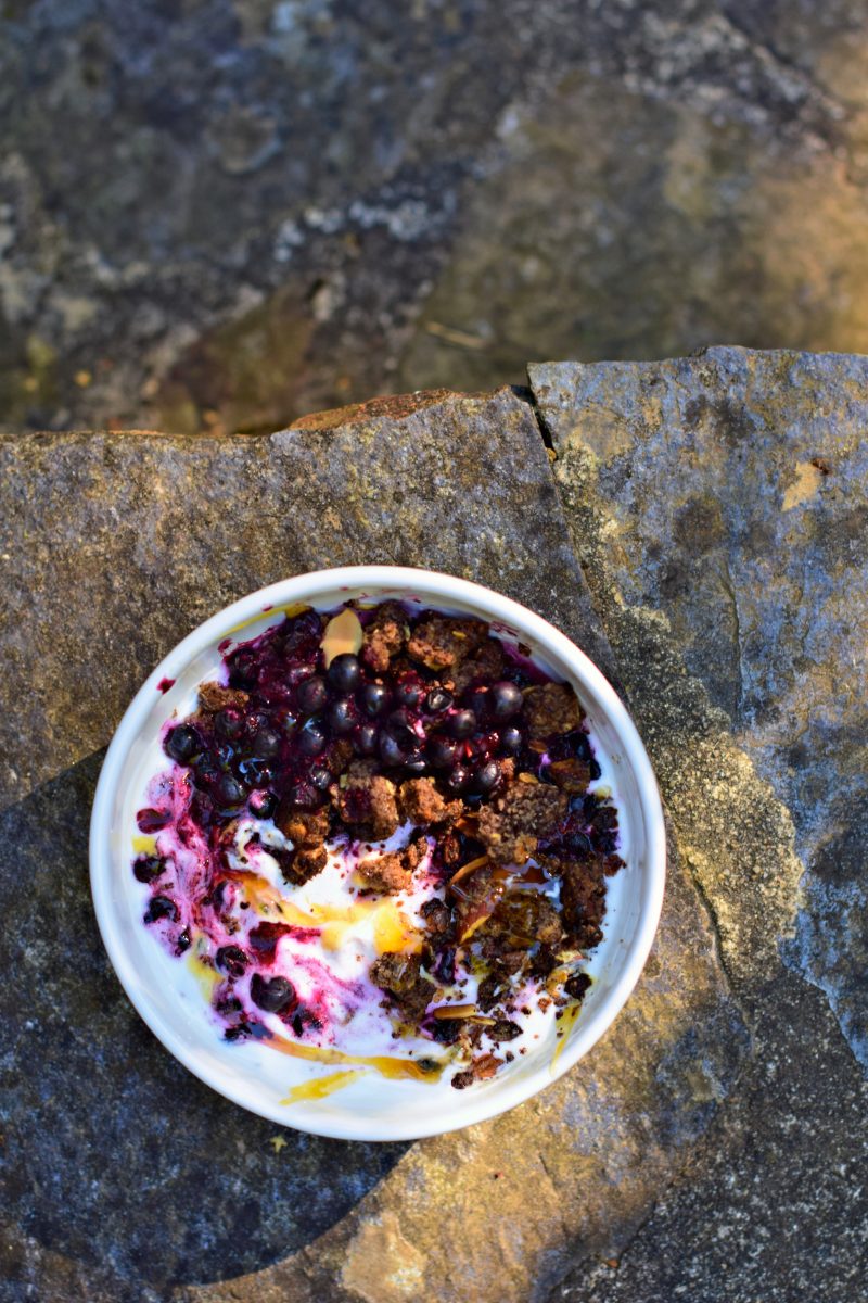 Wild blueberries breakfast bowl, cacao crumble