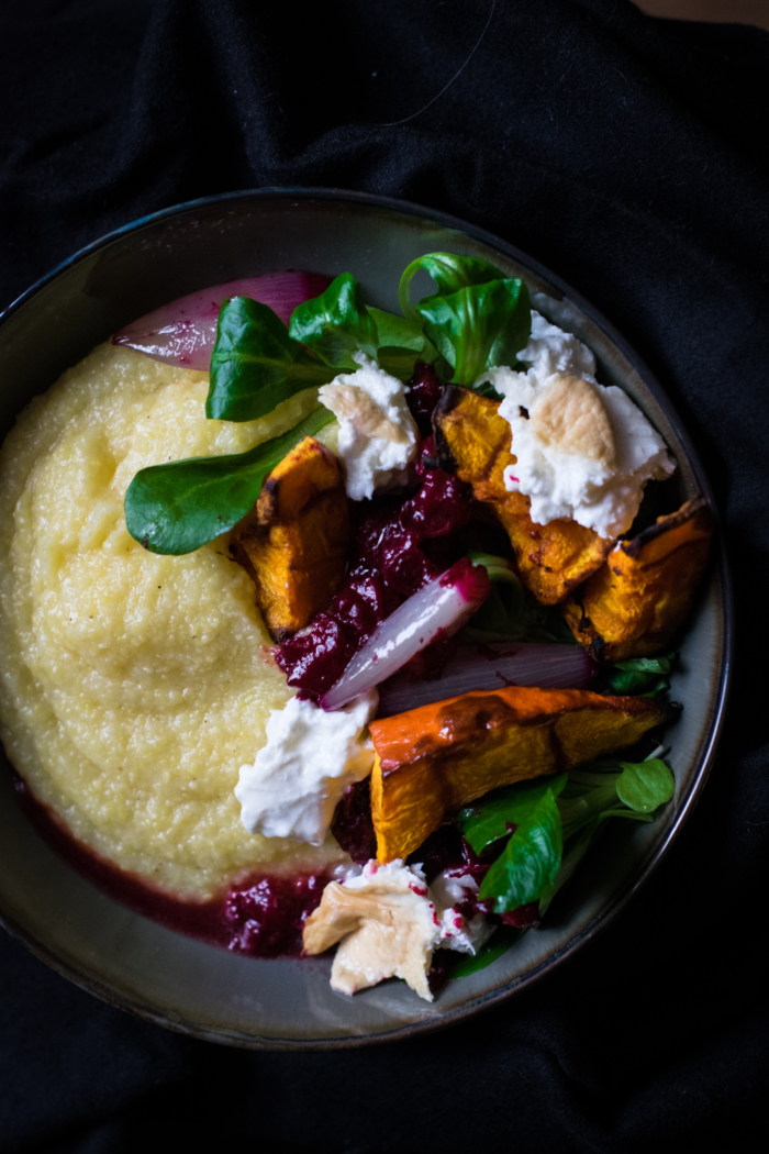 Creamy polenta, smoked Burrata & cranberry-shallot sauce