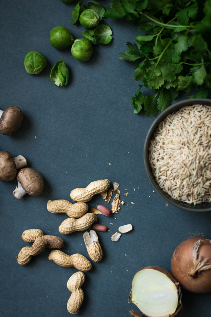 Spicy Brussels Sprout, Mushroom & Peanut Brown Rice Salad