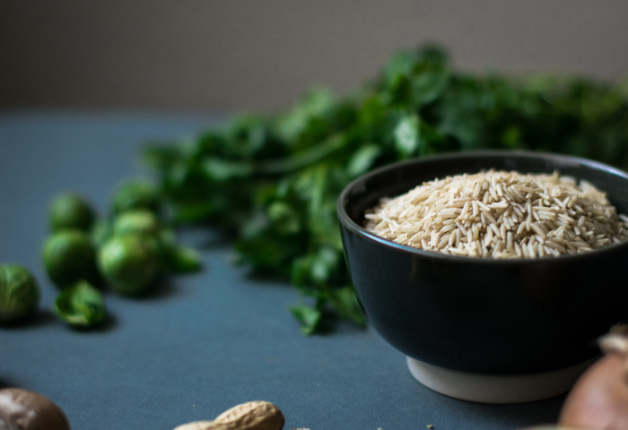 Spicy Brussels Sprout, Mushroom & Peanut Brown Rice Salad