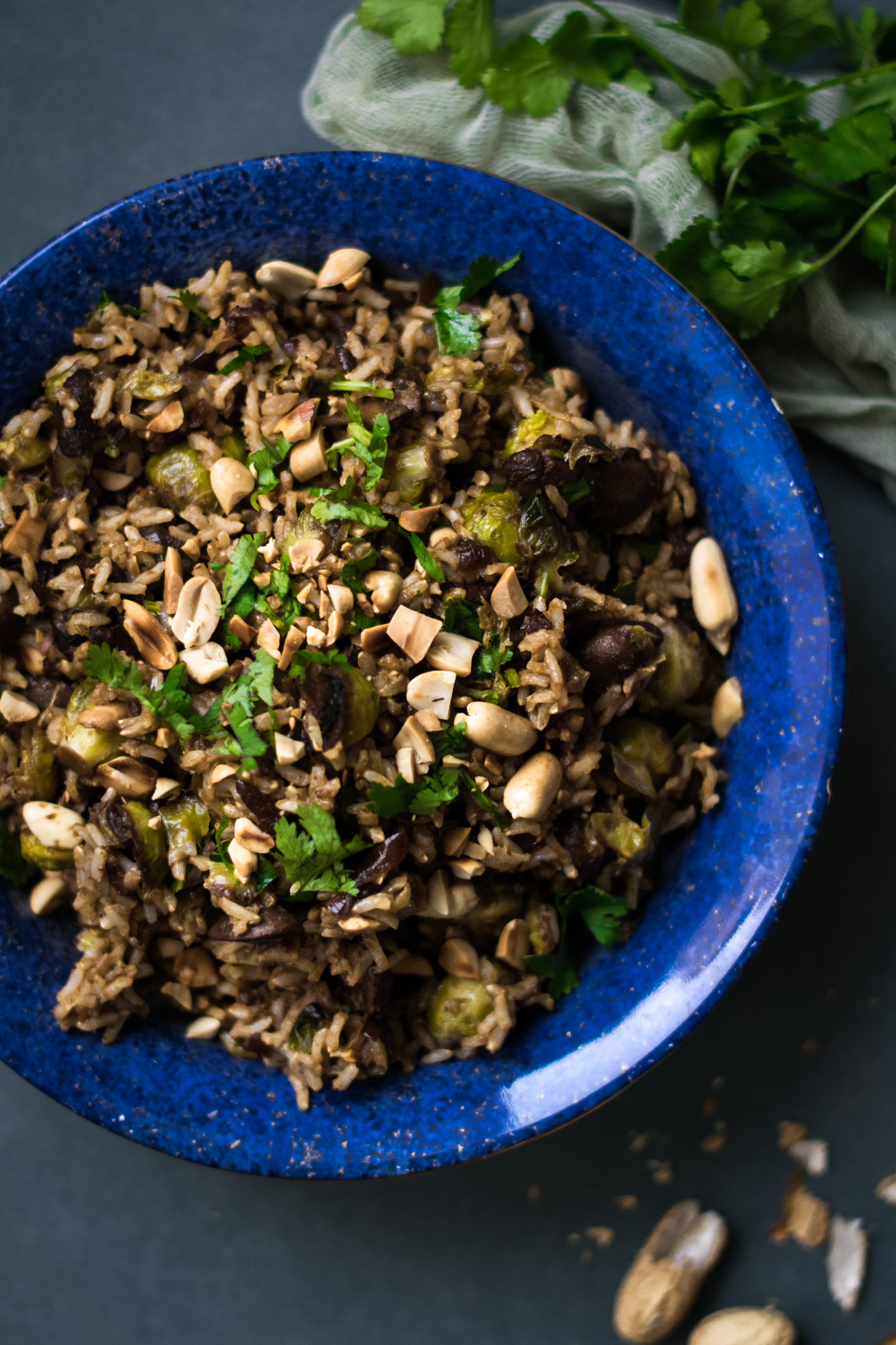 Spicy Brussels Sprout, Mushroom & Peanut Brown Rice Salad