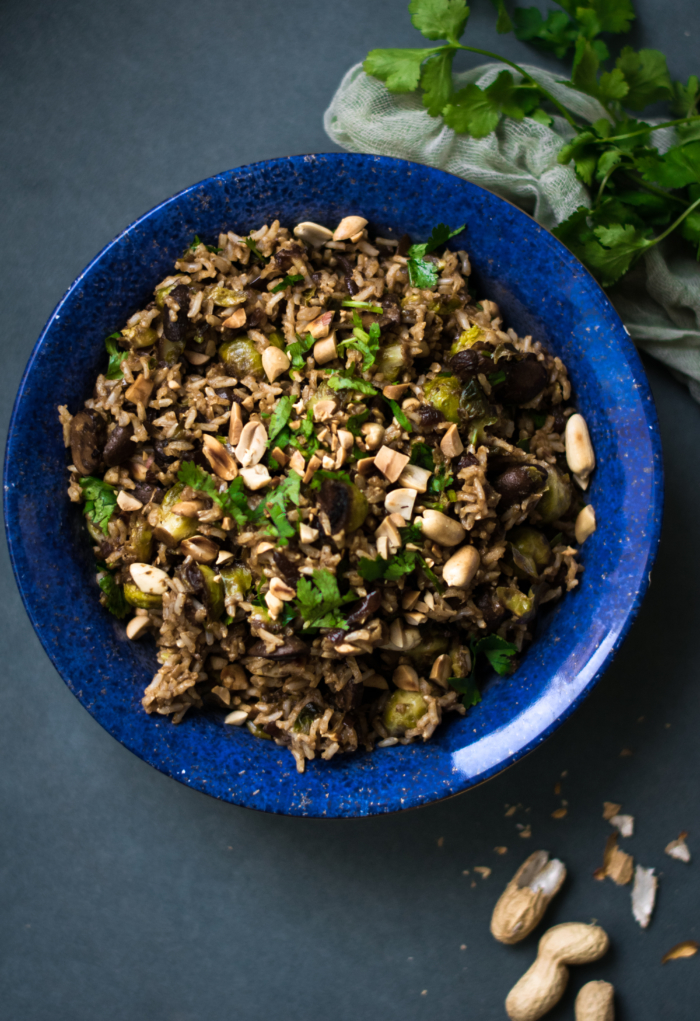 Spicy Brussels Sprout, Mushroom & Peanut Brown Rice Salad