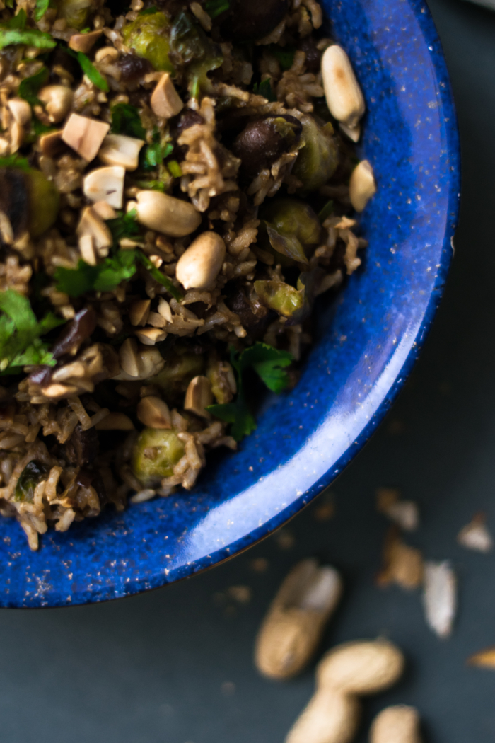 Spicy Brussels Sprout, Mushroom & Peanut Brown Rice Salad