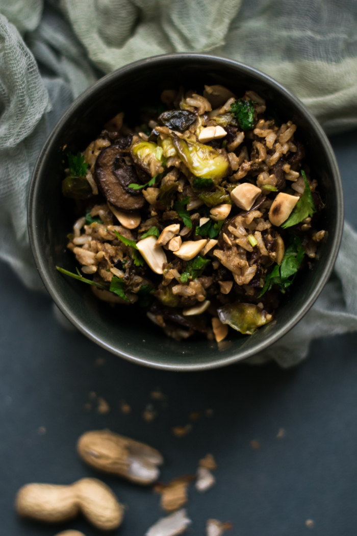 Spicy Brussels Sprout, Mushroom & Peanut Brown Rice Salad