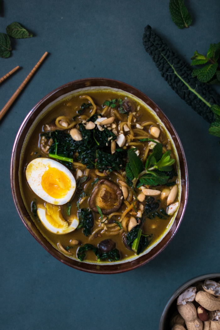 Coconut Curried Noodle Soup with Kale & Peanuts
