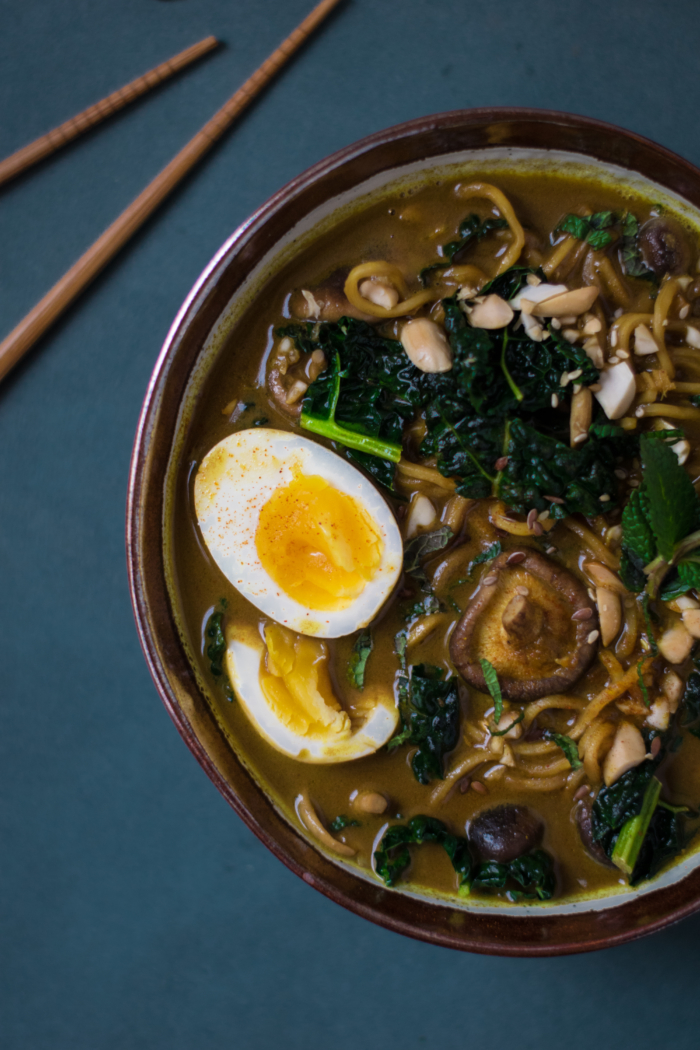 Coconut Curried Noodle Soup with Kale & Peanuts