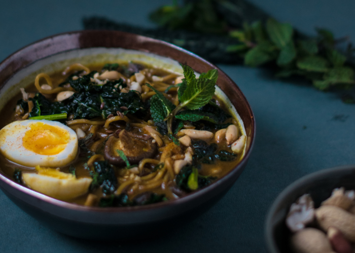 Coconut Curried Noodle Soup with Kale & Peanuts