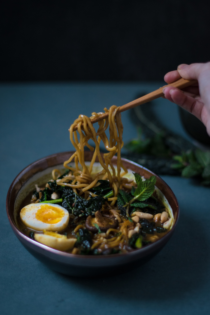 Coconut Curried Noodle Soup with Kale & Peanuts