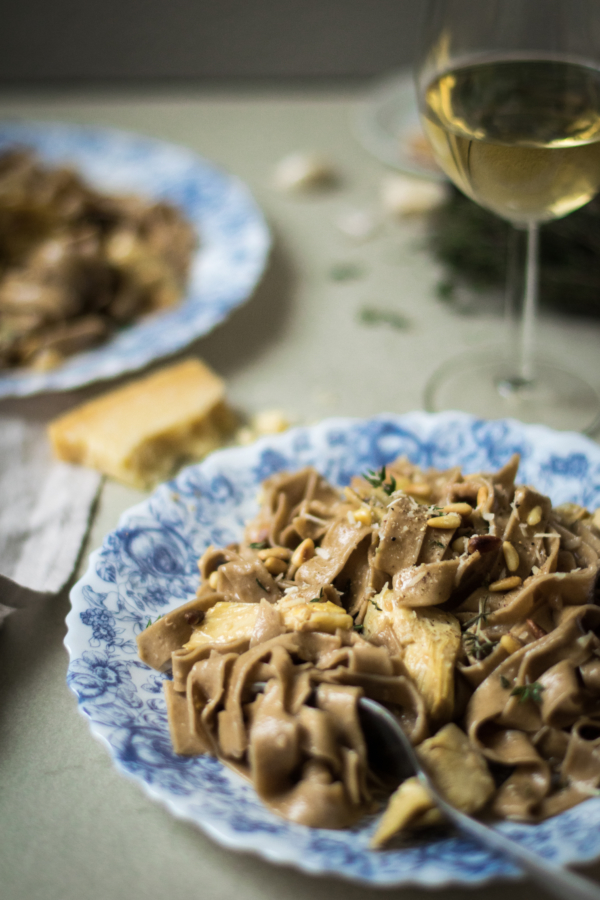 Artichoke Tagliatelle with Creamy Garlic White Wine Sauce