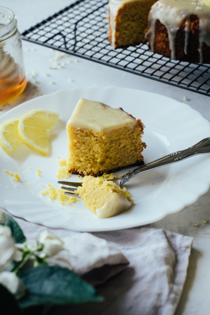 Lemon Polenta Cake & Elderflower White Chocolate Ganache