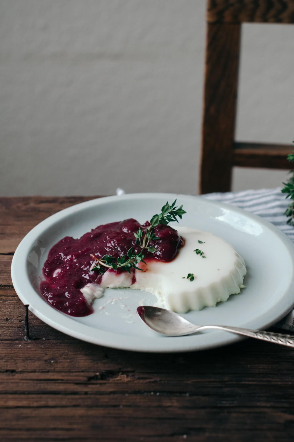 Goat Milk Panna Cotta with Thyme Syrup & Cherry Compote