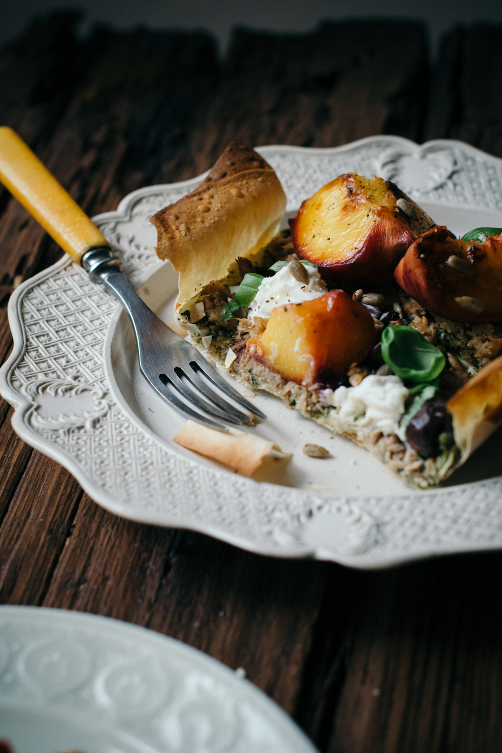 Tuna, Pesto, Roasted Peach & Burrata Filo Tart