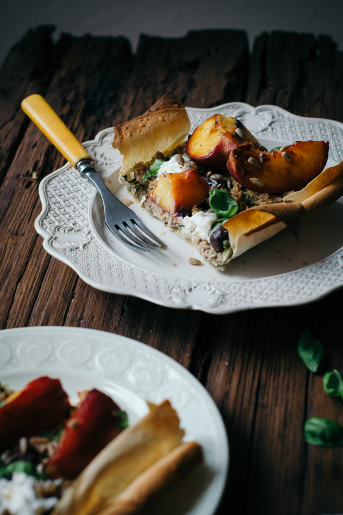 Burrata, Pesto, Roasted Peach & Tuna Filo Tart