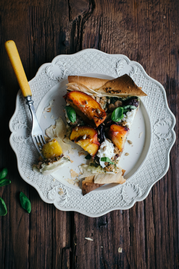 Burrata, Pesto, Roasted Peach & Tuna Filo Tart