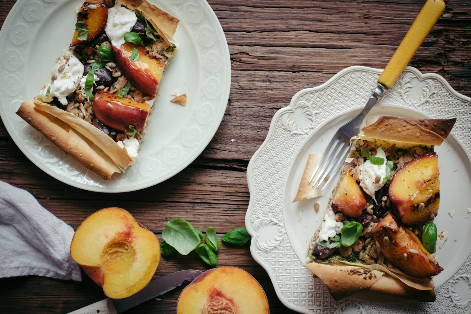 Burrata, Pesto, Roasted Peach & Tuna Filo Tart