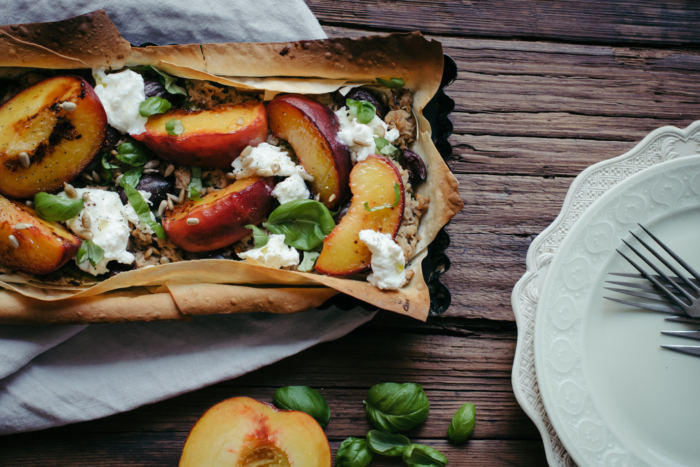 Burrata, Pesto, Roasted Peach & Tuna Filo Tart