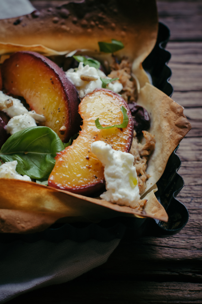 Burrata, Pesto, Roasted Peach & Tuna Filo Tart