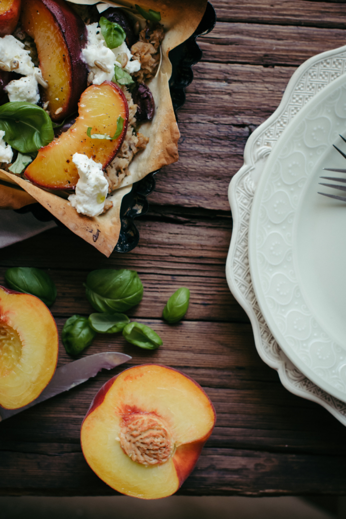 Burrata, Pesto, Roasted Peach & Tuna Filo Tart