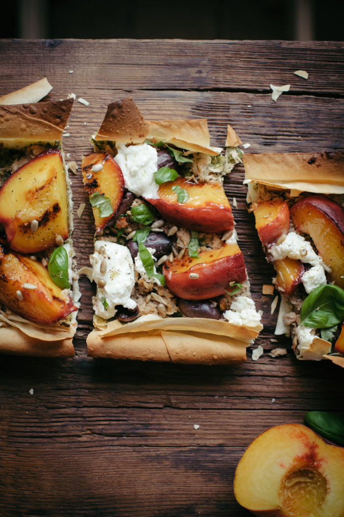 Burrata, Pesto, Roasted Peach & Tuna Filo Tart