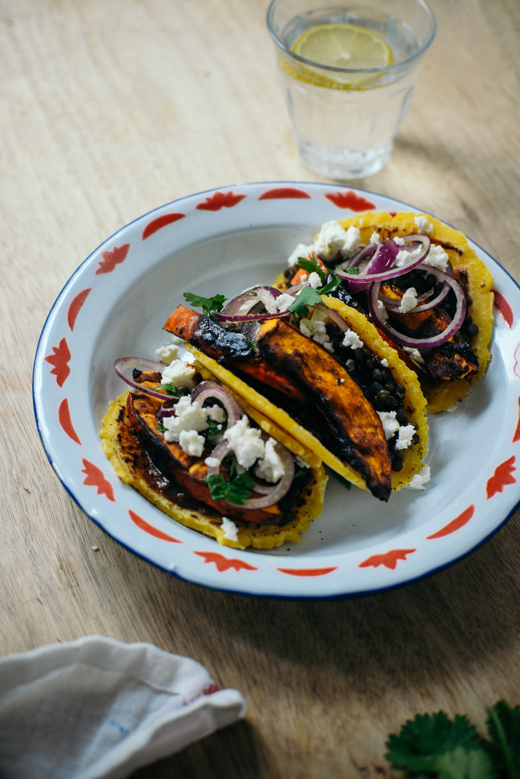 Roasted Squash Lentil Tortillas with Chocolate Sauce