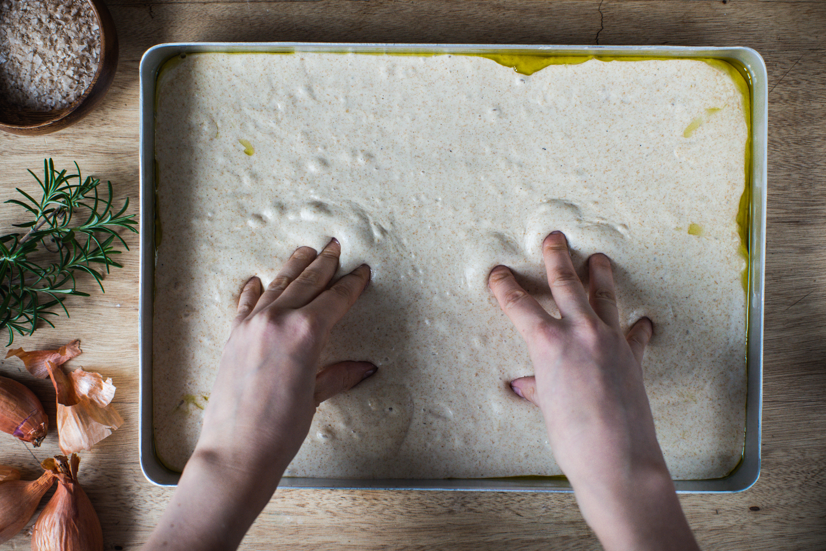 Sourdough Focaccia with Shallots, Olives & Rosemary