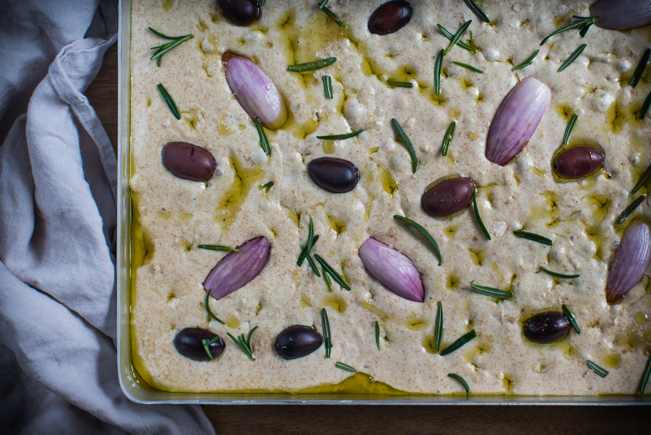 Sourdough Focaccia with Shallots, Olives & Rosemary